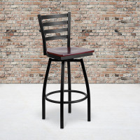 Flash Furniture HERCULES Series Black Ladder Back Swivel Metal Bar Stool - Mahogany Wood Seat XU-6F8B-LADSWVL-MAHW-GG